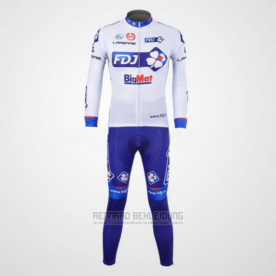 2012 Fahrradbekleidung FDJ Wei und Azurblau Trikot Langarm und Tragerhose